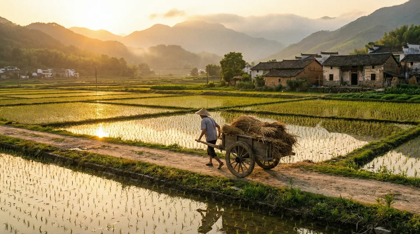 森林里的熊先生正在冬眠无打码 - 金色夕阳下的乡村田野，老农推着木车行走在田埂上